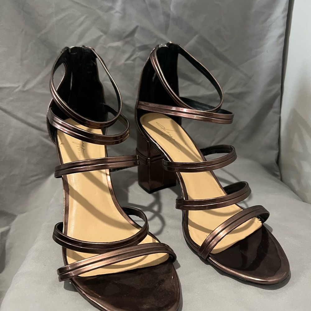 Strappy Metallic Brown Block Heel Sandals — Women
